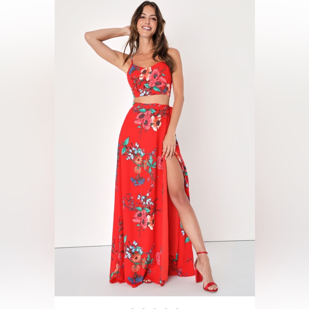 Bloom With a View Red Floral Print Two-Piece Maxi Dress